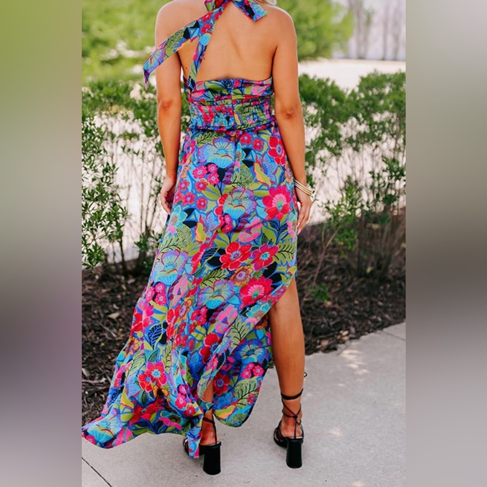 NWOT Sugarlips Vibrant Floral Halter Style Maxi Dress - Picture 7 of 13